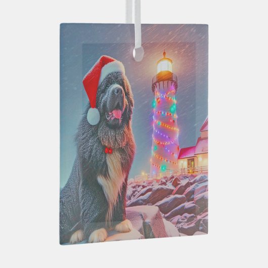 Newfoundland naast de vuurtoren van Kerstmis Glas Ornament (Voorkant Rechts)