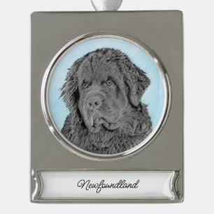 Newfoundland Painting - Cute Original Dog Art Silv Verzilverd Banner Ornament