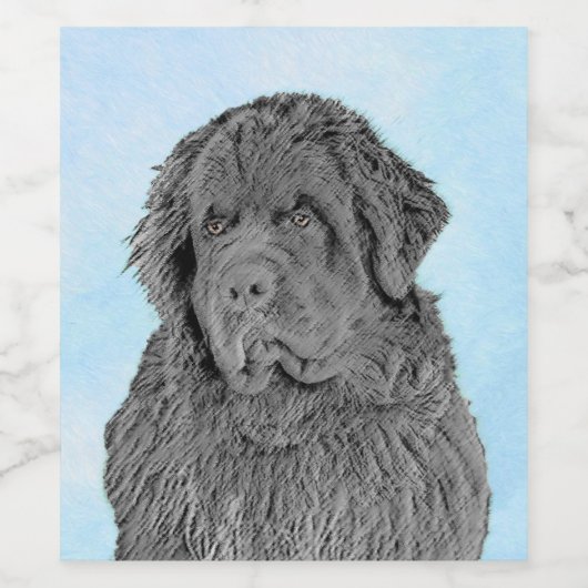 Newfoundland Painting - Cute Original Dog Art Wijn Etiket (Enkel label)