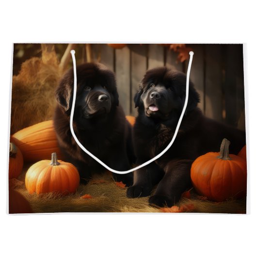 Newfoundland Puppy Herfst Delight Pompoen Groot Cadeauzakje (Voorkant)