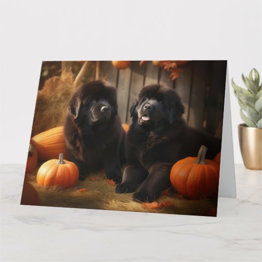 Newfoundland Puppy Herfst Delight Pompoen Kaart (Kleine Plant)