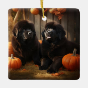 Newfoundland Puppy Herfst Delight Pompoen Keramisch Ornament