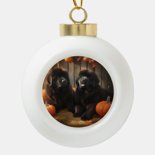 Newfoundland Puppy Herfst Delight Pompoen Keramische Bal Ornament (Voorkant)