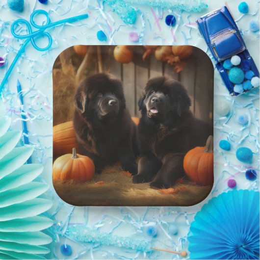 Newfoundland Puppy Herfst Delight Pompoen Papieren Bordje (Feest)