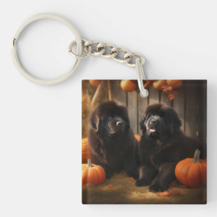 Newfoundland Puppy Herfst Delight Pompoen Sleutelhanger