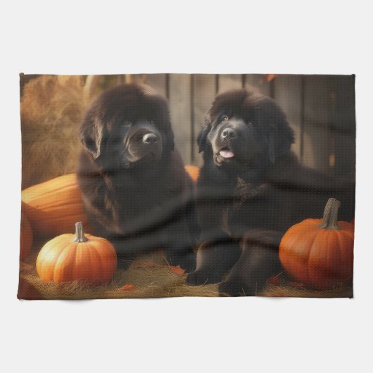 Newfoundland Puppy Herfst Delight Pompoen Theedoek (Horizontaal)
