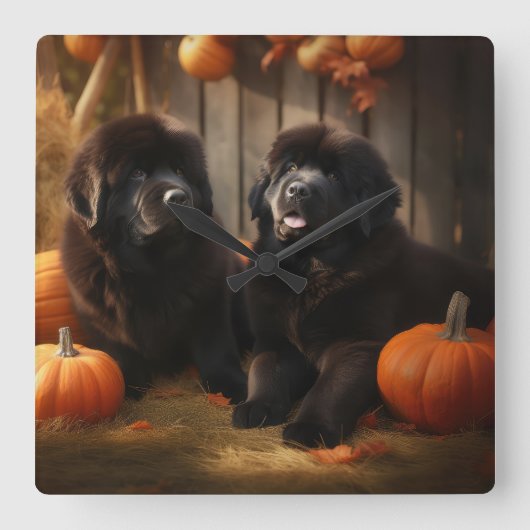 Newfoundland Puppy Herfst Delight Pompoen Vierkante Klok (Voorkant)