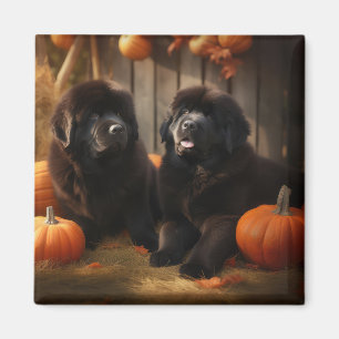 Newfoundland Puppy Herfst Plezier Pompoen Magneet