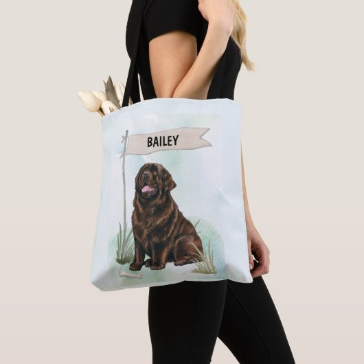 Newfoundland Watercolor Personalized Dog Tote Bag (Dichtbij)