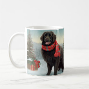 Newfoundlander in de sneeuw met Kerstmis Koffiemok