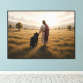 Newfoundlander loopt met Jezus Canvas Afdruk (Insitu (Houten vloer))