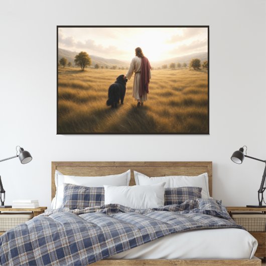 Newfoundlander loopt met Jezus Canvas Afdruk (Insitu (Slaapkamer))