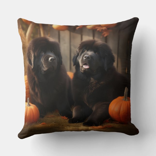 Newfoundlander Puppy Herfstvreugde Pompoen Kussen (Achterkant)