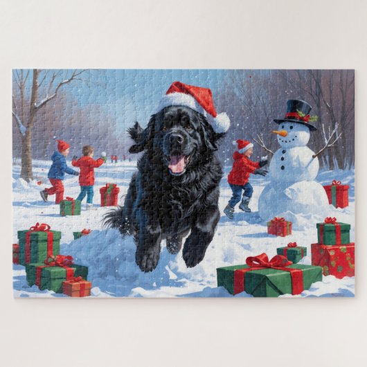 Newfoundlander Rent in de Sneeuw met Kerstmuts Legpuzzel (Horizontaal)