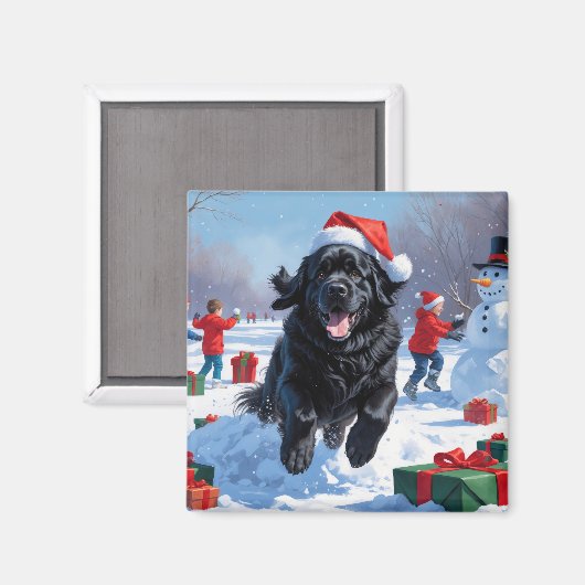 Newfoundlander Rent in de Sneeuw met Kerstmuts Magneet (Voorkant / Achterkant)
