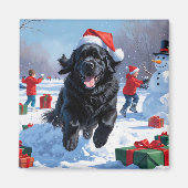 Newfoundlander Rent in de Sneeuw met Kerstmuts Magneet (Voorkant)