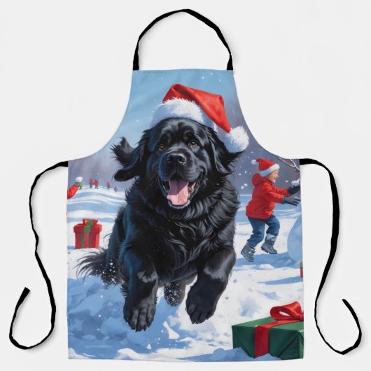 Newfoundlander Rent in de Sneeuw met Kerstmuts Schort (Voorkant)