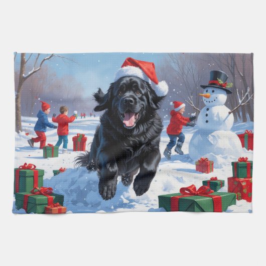 Newfoundlander Rent in de Sneeuw met Kerstmuts Theedoek (Horizontaal)