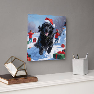 Newfoundlander Rent in de Sneeuw met Kerstmuts Vierkante Klok