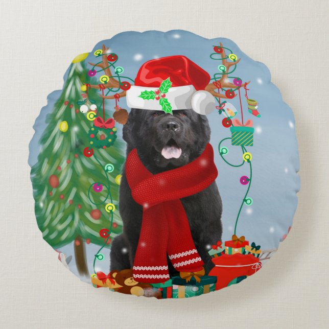 Newfoundlandhond met kerstcadeaus rond kussen (Voorkant)