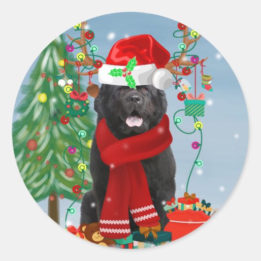 Newfoundlandhond met kerstcadeaus ronde sticker (Voorkant)