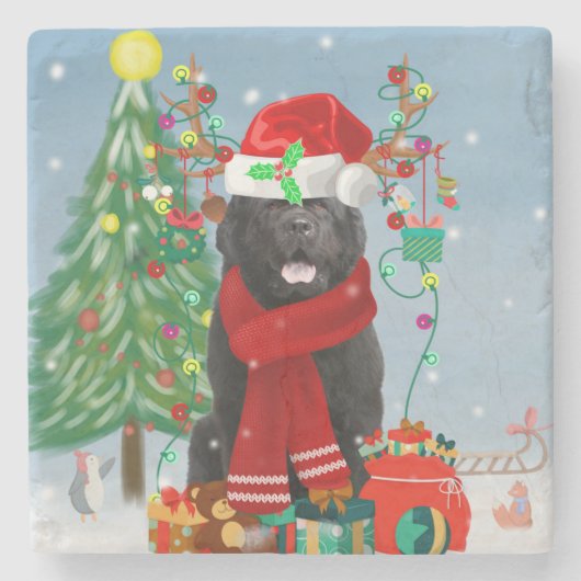 Newfoundlandhond met kerstcadeaus stenen onderzetter (Voorkant)