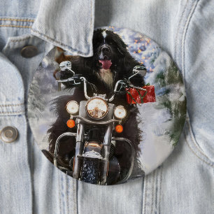 Newfoundlandse hond rijdt op motorfiets met Kerstm Ronde Button 6,0 Cm