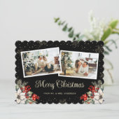Newlywed 2 Photo Botanical Black Merry Christmas Feestdagenkaart (Staand voorkant)