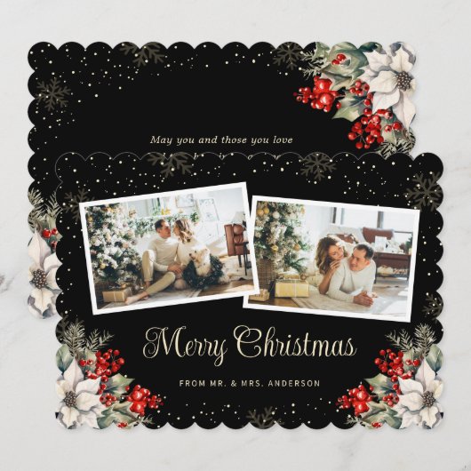 Newlywed 2 Photo Botanical Black Merry Christmas Feestdagenkaart (Voorkant / Achterkant)