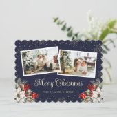 Newlywed 2 Photo Botanical Blue Merry Christmas Feestdagenkaart (Staand voorkant)