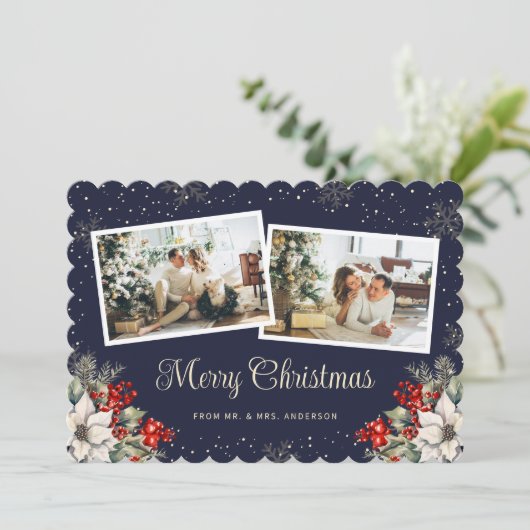 Newlywed 2 Photo Botanical Blue Merry Christmas Feestdagenkaart (Staand voorkant)