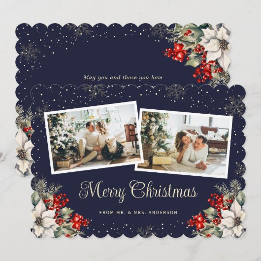 Newlywed 2 Photo Botanical Blue Merry Christmas Feestdagenkaart (Voorkant / Achterkant)