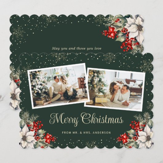 Newlywed 2 Photo Botanical Green Merry Christmas Feestdagenkaart (Voorkant / Achterkant)
