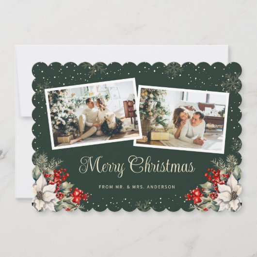 Newlywed 2 Photo Botanical Green Merry Christmas Feestdagenkaart (Voorkant)