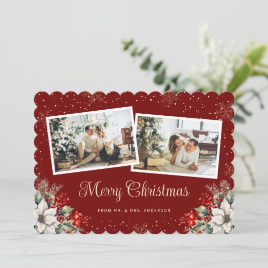 Newlywed 2 Photo Botanical Red Merry Christmas Feestdagenkaart (Staand voorkant)
