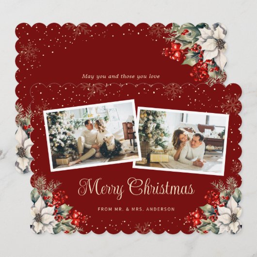 Newlywed 2 Photo Botanical Red Merry Christmas Feestdagenkaart (Voorkant / Achterkant)