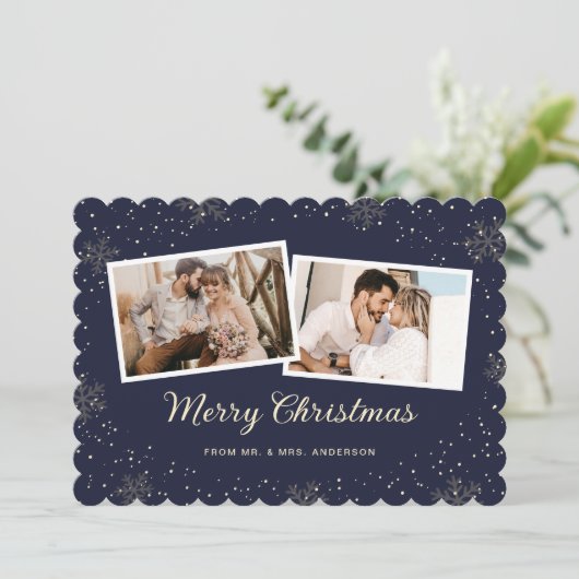 Newlywed 2 Photo Snowflake Blue Merry Christmas Feestdagenkaart (Staand voorkant)