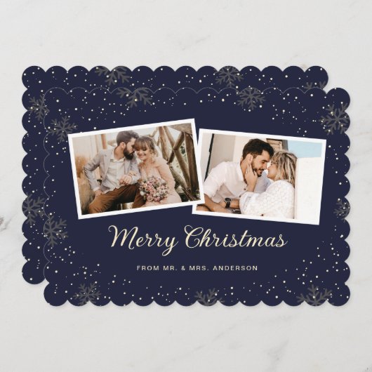 Newlywed 2 Photo Snowflake Blue Merry Christmas Feestdagenkaart (Voorkant / Achterkant)
