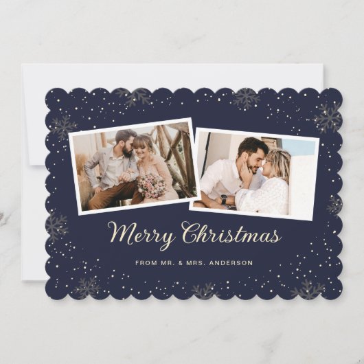 Newlywed 2 Photo Snowflake Blue Merry Christmas Feestdagenkaart (Voorkant)