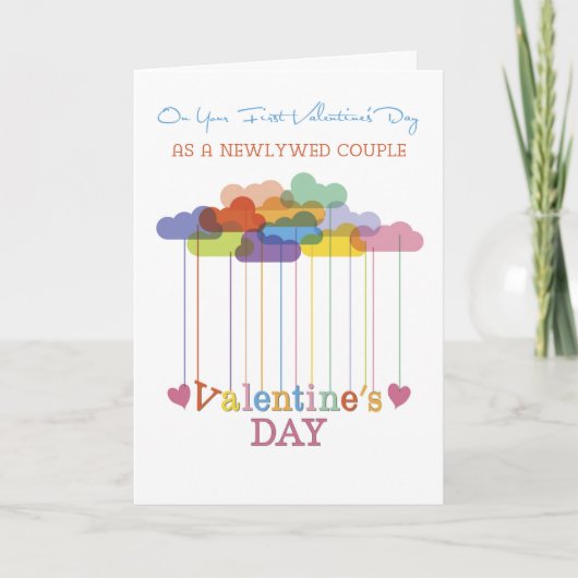 Newlywed Couple Valentine Rainbow Clouds Hearts Feestdagen Kaart (Voorkant)