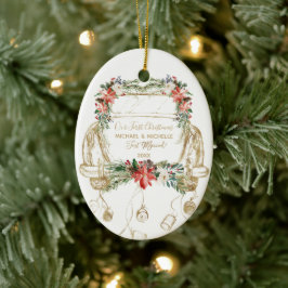 Newlywed First Christmas Vintage Gold Floral Car Keramisch Ornament