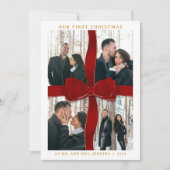 Newlywed Our First Christmas Red Bow Photo Holiday Kaart (Voorkant)