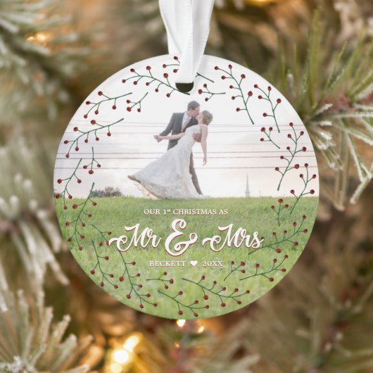 Newlyweds 1st Christmas Mr & Mrs Holly Photo Ornament (Boom)