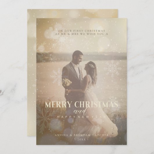 Newlyweds Custom Photo Elegant Golden Snowflake Feestdagenkaart (Voorkant / Achterkant)