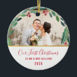 Newlyweds first christmas keramisch ornament<br><div class="desc">Winter werath with foliage and red berries. The images can be personalized and edited for size,  placement and the text and codus.</div>