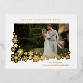Newlyweds First Christmas Snowflakes Frame Photo Folie Feestdagen Briefkaart