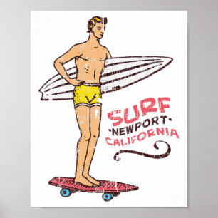 Newport Beach Surf Vintage Retro Surfplank 60s 70s Poster