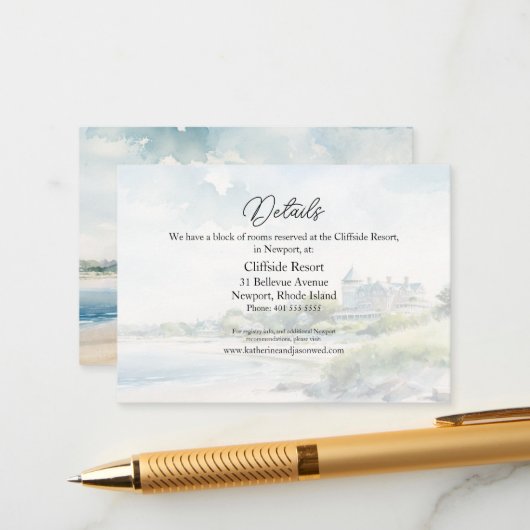 Newport Rhode Island Beach Waterverf Bruiloft Informatiekaartje (Voorkant / Achterkant in situ)