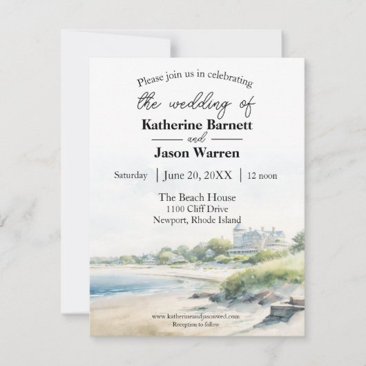 Newport Rhode Island Beach Waterverf Bruiloft Kaart (Voorkant)
