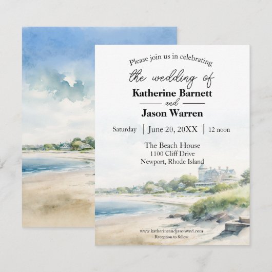 Newport Rhode Island Beach Waterverf Bruiloft Kaart (Voorkant / Achterkant)